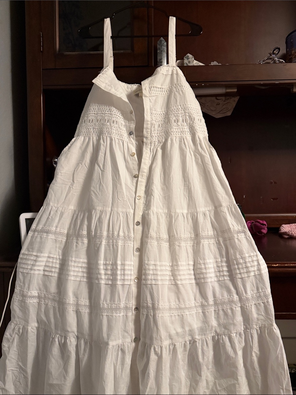 Classic White Button-Front Tiered Sundress with Lace Details